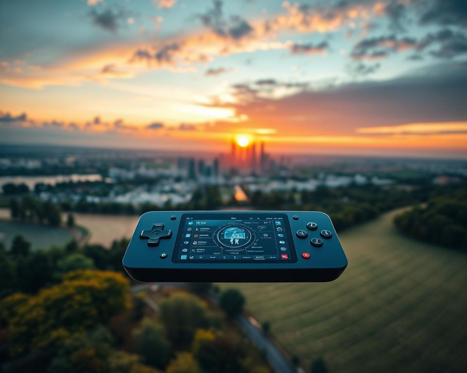 A breathtaking aerial view of the French countryside, where a cutting-edge IPTV service, marioiptvfr.com, seamlessly blends with the natural landscape. In the foreground, a sleek, futuristic control panel hovers, its intricate interface showcasing the breadth of entertainment options available. The middle ground features a city skyline, its skyscrapers and modern architecture reflecting the technological advancements transforming the nation's entertainment industry. In the background, a vibrant sunset casts a warm glow, symbolizing the bright future of IPTV in France. The scene is illuminated by soft, diffused lighting, creating a sense of wonder and anticipation. This dynamic composition captures the essence of France's evolving entertainment landscape, poised to deliver an unparalleled streaming experience in 2025.