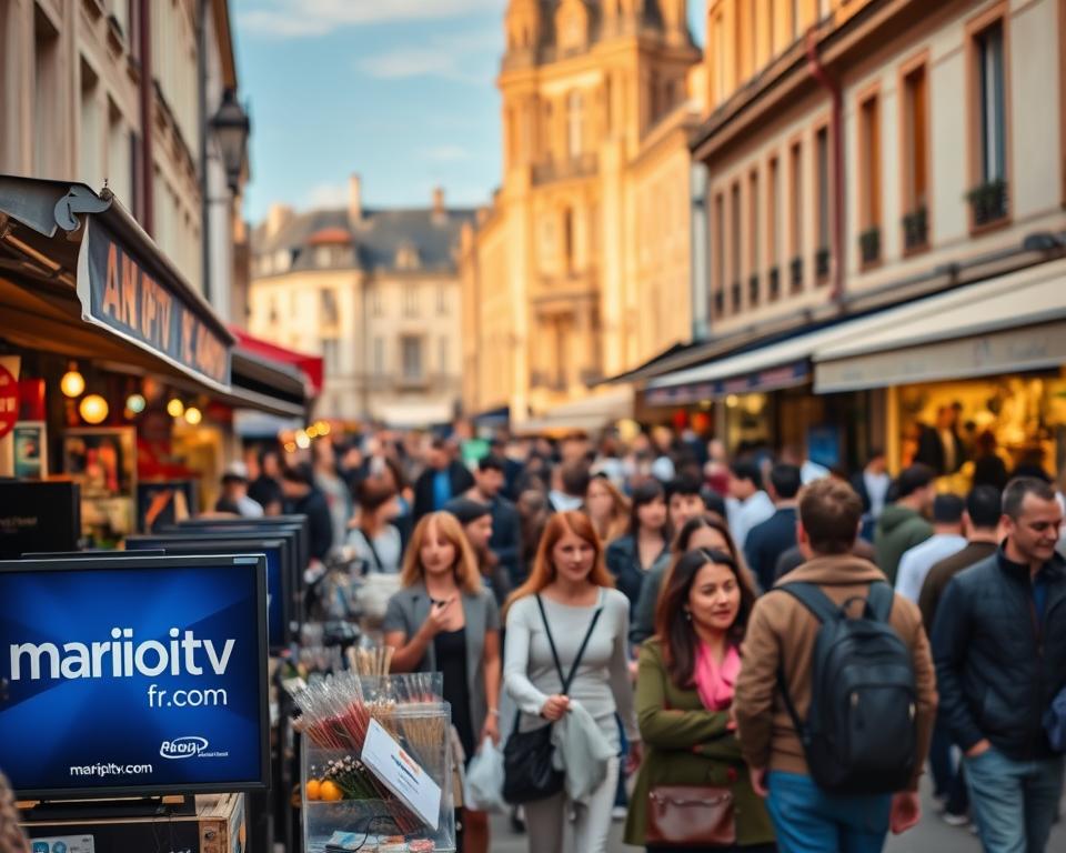 A bustling French IPTV market, captured in a vibrant street scene. In the foreground, vendors hawk their wares, including the IPTV service provider "marioiptvfr.com". The middle ground is filled with a lively crowd of shoppers, their faces alight with excitement. In the background, the historic architecture of a traditional French marketplace rises, bathed in warm, golden light. The scene conveys the energy and evolution of the French IPTV landscape, a dynamic market ripe with opportunity.