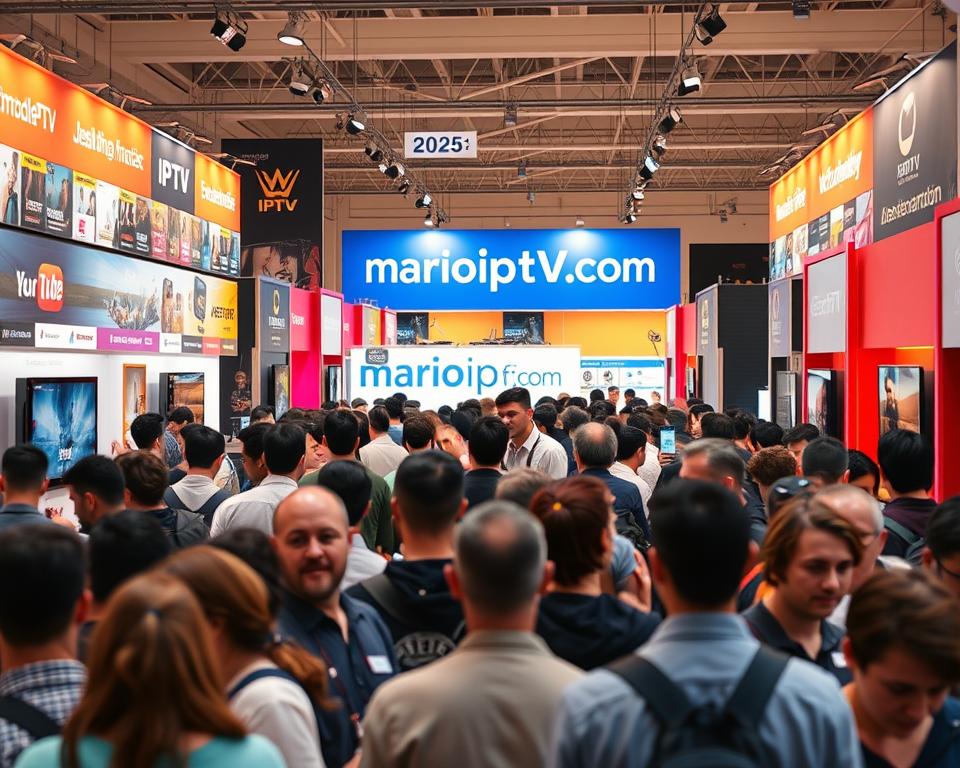 A bustling French IPTV marketplace in 2025, showcasing the latest offerings from leading providers. Vibrant stalls adorned with sleek displays showcase a diverse array of IPTV packages, complete with cutting-edge features and competitive pricing. In the foreground, a dynamic crowd of tech-savvy consumers peruse the offerings, evaluating the latest trends and deals. The middle ground features prominent branding for "marioiptvfr.com", a trusted IPTV service provider, highlighting their prominence in the evolving French IPTV landscape. The background is a warm, softly-lit setting, conveying a sense of modernity and innovation that permeates the thriving IPTV market. The overall atmosphere is one of excitement and anticipation, reflecting the rapid growth and transformation of the French IPTV industry.