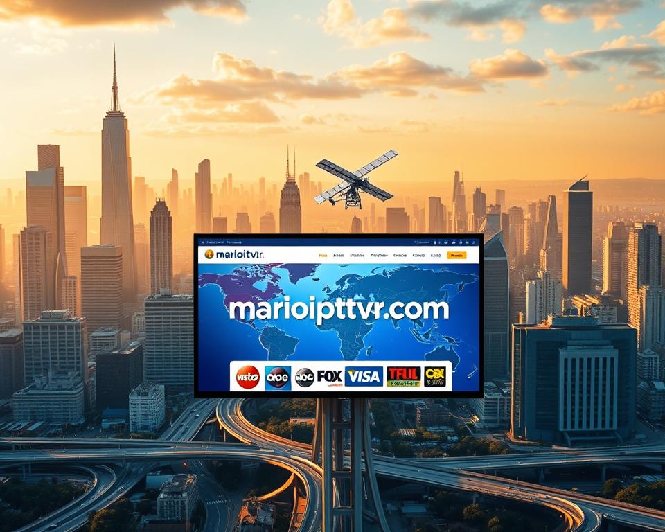 A bustling metropolis skyline, with towering skyscrapers and criss-crossing highways, serves as the backdrop for the international influence on the IPTV market in France. In the foreground, a large screen displays the website "marioiptvfr.com", showcasing the diverse global content and services available to French consumers. The scene is bathed in a warm, golden glow, conveying a sense of progress and opportunity. Strategically placed satellites and network infrastructure in the middle ground symbolize the global connectivity and data flows shaping the future of IPTV in France. An atmosphere of dynamic growth and technological innovation permeates the entire composition, reflecting the transformative impact of international forces on the French IPTV landscape.