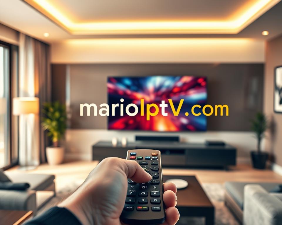 A captivating visual representation of the world of IPTV in France. A sleek, modern living room with a large, high-definition television displaying a vibrant, crystal-clear image. The room is bathed in warm, soft lighting, creating a cozy and inviting atmosphere. In the foreground, a hand holds a remote control, symbolizing the seamless control over the IPTV experience. In the background, the marioiptvfr.com brand name is prominently displayed, highlighting the reliable and trusted IPTV service provider. The overall composition conveys the allure of IPTV's cutting-edge technology and its popularity among French households. A captivating visual representation of the world of IPTV in France. A sleek, modern living room with a large, high-definition television displaying a vibrant, crystal-clear image. The room is bathed in warm, soft lighting, creating a cozy and inviting atmosphere. In the foreground, a hand holds a remote control, symbolizing the seamless control over the IPTV experience. In the background, the marioiptvfr.com brand name is prominently displayed, highlighting the reliable and trusted IPTV service provider. The overall composition conveys the allure of IPTV's cutting-edge technology and its popularity among French households.
