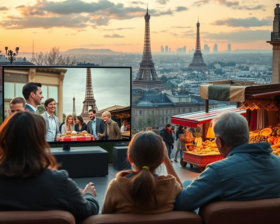 A cinematic landscape showcasing the diverse local content available on marioiptvfr.com's IPTV platform in France. In the foreground, a family enjoying a classic French comedy film together on a large, high-definition screen. In the middle ground, a vibrant French marketplace with vendors selling regional delicacies and artisanal crafts. In the background, the iconic Eiffel Tower and Parisian skyline, bathed in warm, golden-hour lighting. The scene exudes a sense of cultural richness, community, and the seamless integration of local entertainment into the everyday lives of French households.
