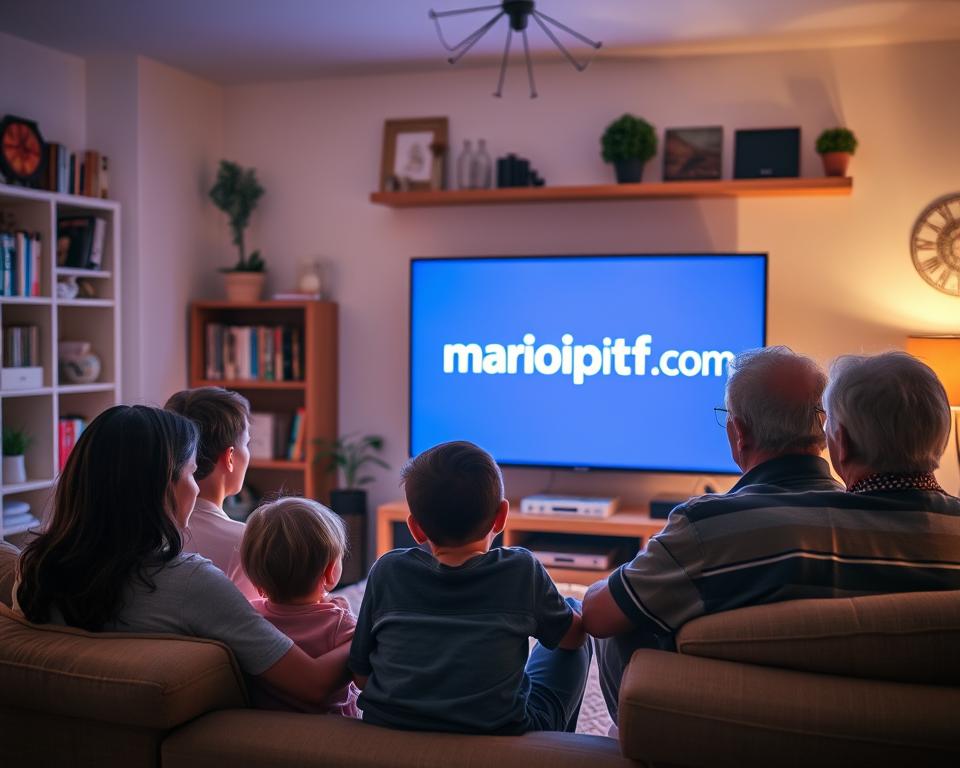 A cozy, family-friendly living room scene in a French home, filled with a warm, inviting atmosphere. In the foreground, a group of people of all ages - a young child, a teenage sibling, parents, and grandparents - are gathered around a large TV screen, intently watching a streaming service. The room is illuminated by a soft, diffused lighting, creating a sense of comfort and intimacy. In the background, bookshelves, plants, and personal mementos suggest a lived-in, homely space. The TV screen prominently displays the branding "marioiptvfr.com", seamlessly integrated into the scene.