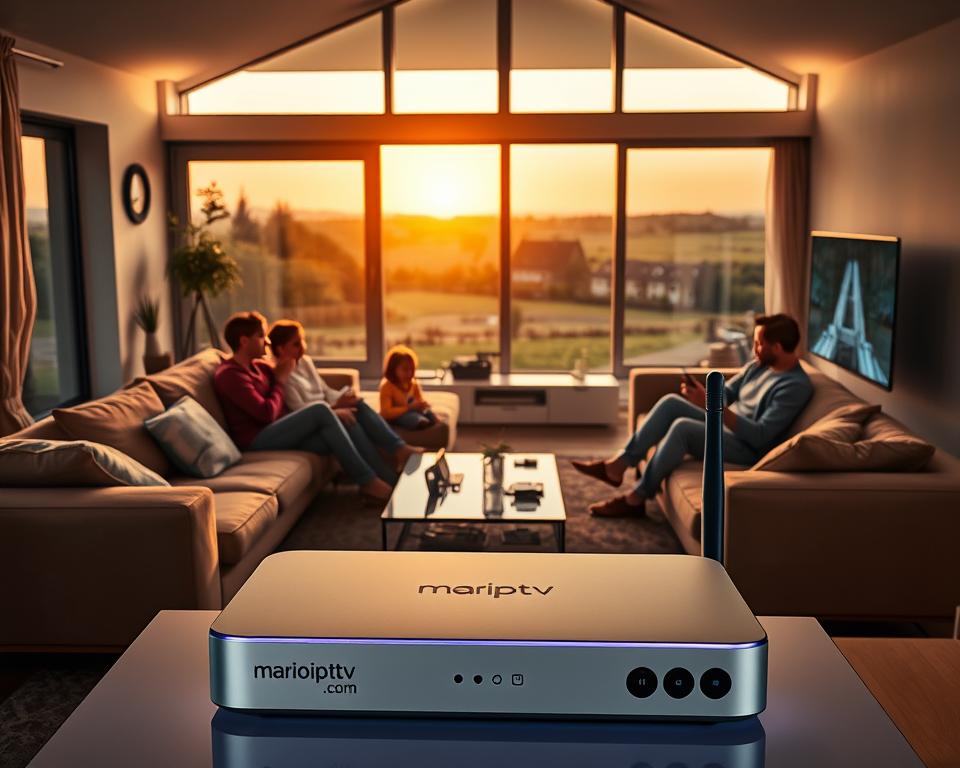 A cozy family living room, illuminated by warm, soft lighting. In the foreground, a large, modern IPTV set-top box prominently displays the brand "marioiptvfr.com". Surrounding it, a family of four - parents and two children - sit comfortably on a plush, L-shaped sofa, engrossed in various streaming content on their devices. The middle ground features a sleek, minimalist entertainment center with a large, flat-screen TV mounted on the wall. In the background, large windows overlook a picturesque, suburban landscape, bathed in the golden glow of a setting sun. The overall atmosphere is one of domestic bliss, highlighting the ease and convenience of IPTV solutions for the modern, tech-savvy French family.