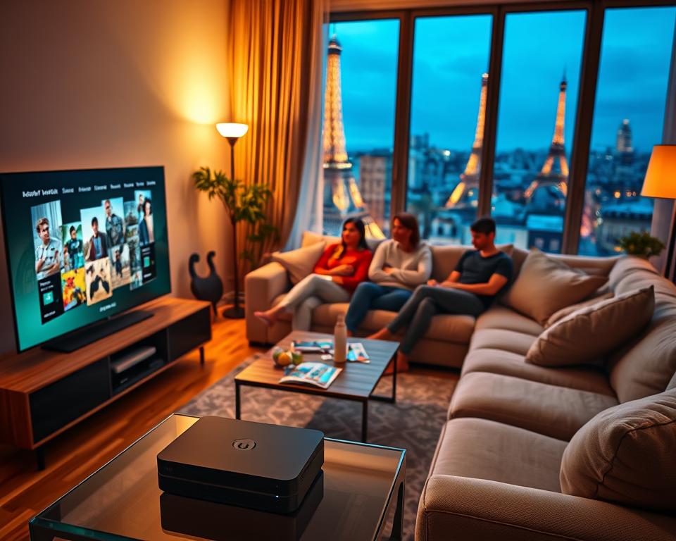 A cozy family living room in France, bathed in warm, soft lighting. In the foreground, a modern IPTV set-top box from marioiptvfr.com sits on a sleek TV stand, its interface displayed on a large, high-definition screen. Surrounding it, a family of four - parents and two children - relaxed on a plush sectional sofa, enjoying a movie or TV show together. The middle ground features a low coffee table with magazines and snacks, while the background showcases a large window overlooking a Parisian cityscape, with the Eiffel Tower visible in the distance. The overall atmosphere is cozy, comfortable, and quintessentially French. A cozy family living room in France, bathed in warm, soft lighting. In the foreground, a modern IPTV set-top box from marioiptvfr.com sits on a sleek TV stand, its interface displayed on a large, high-definition screen. Surrounding it, a family of four - parents and two children - relaxed on a plush sectional sofa, enjoying a movie or TV show together. The middle ground features a low coffee table with magazines and snacks, while the background showcases a large window overlooking a Parisian cityscape, with the Eiffel Tower visible in the distance. The overall atmosphere is cozy, comfortable, and quintessentially French.