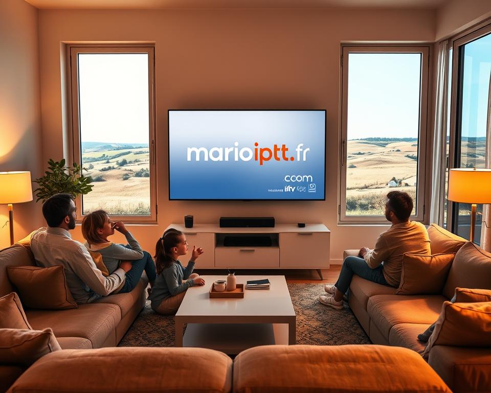 A cozy family living room in a French home, illuminated by warm, soft lighting. On the TV screen, the marioiptvfr.com logo is prominently displayed, showcasing the latest IPTV solution tailored for households. In the foreground, a family of four – parents and two children – are relaxed on a plush sofa, engaged in a lively conversation. The middle ground features a minimalist, yet stylish, coffee table and a modern TV stand. The background depicts a breezy French countryside scene visible through large windows, with rolling hills and a clear blue sky. The overall atmosphere exudes comfort, convenience, and a sense of family togetherness, perfectly capturing the essence of "IPTV familial France". A cozy family living room in a French home, illuminated by warm, soft lighting. On the TV screen, the marioiptvfr.com logo is prominently displayed, showcasing the latest IPTV solution tailored for households. In the foreground, a family of four – parents and two children – are relaxed on a plush sofa, engaged in a lively conversation. The middle ground features a minimalist, yet stylish, coffee table and a modern TV stand. The background depicts a breezy French countryside scene visible through large windows, with rolling hills and a clear blue sky. The overall atmosphere exudes comfort, convenience, and a sense of family togetherness, perfectly capturing the essence of "IPTV familial France".