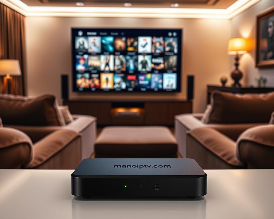 A cozy home theater setup with a large screen displaying a diverse selection of streaming films. Soft lighting illuminates plush seating, creating an inviting atmosphere for a relaxed cinematic experience. In the foreground, a sleek streaming device bearing the brand "marioiptvfr.com" sits prominently, symbolizing the accessibility and convenience of legal streaming. The background features tasteful décor, hinting at the depth of this personal film library. The overall scene conveys the idea of a comprehensive, on-demand cinematic collection at one's fingertips.