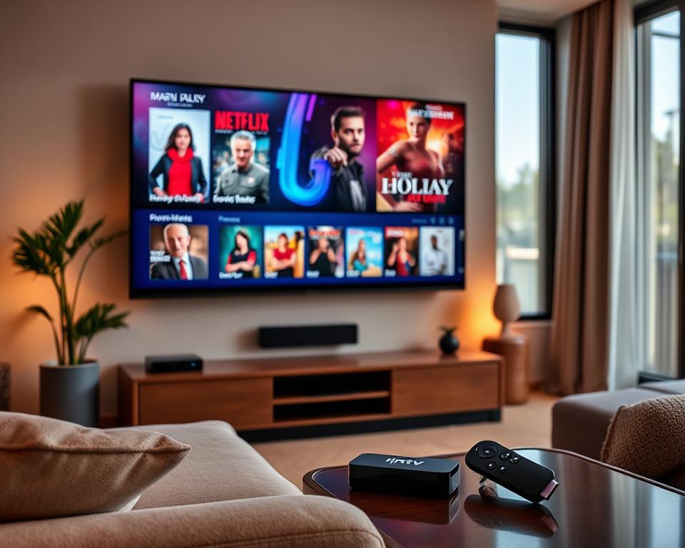 A cozy living room with a large flat-screen TV mounted on the wall, displaying a vibrant and detailed IPTV interface showcasing the latest movies and TV shows. Soft lighting illuminates the space, creating a warm and inviting atmosphere. On a side table, a sleek streaming device, likely a Roku or Apple TV, is visible, with the "marioiptvfr.com" brand name prominently displayed. The room is decorated with modern, minimalist furnishings, and large windows allow natural light to filter in, giving the scene a sense of openness and relaxation. The overall impression is one of a comfortable, legal, and secure IPTV streaming experience.