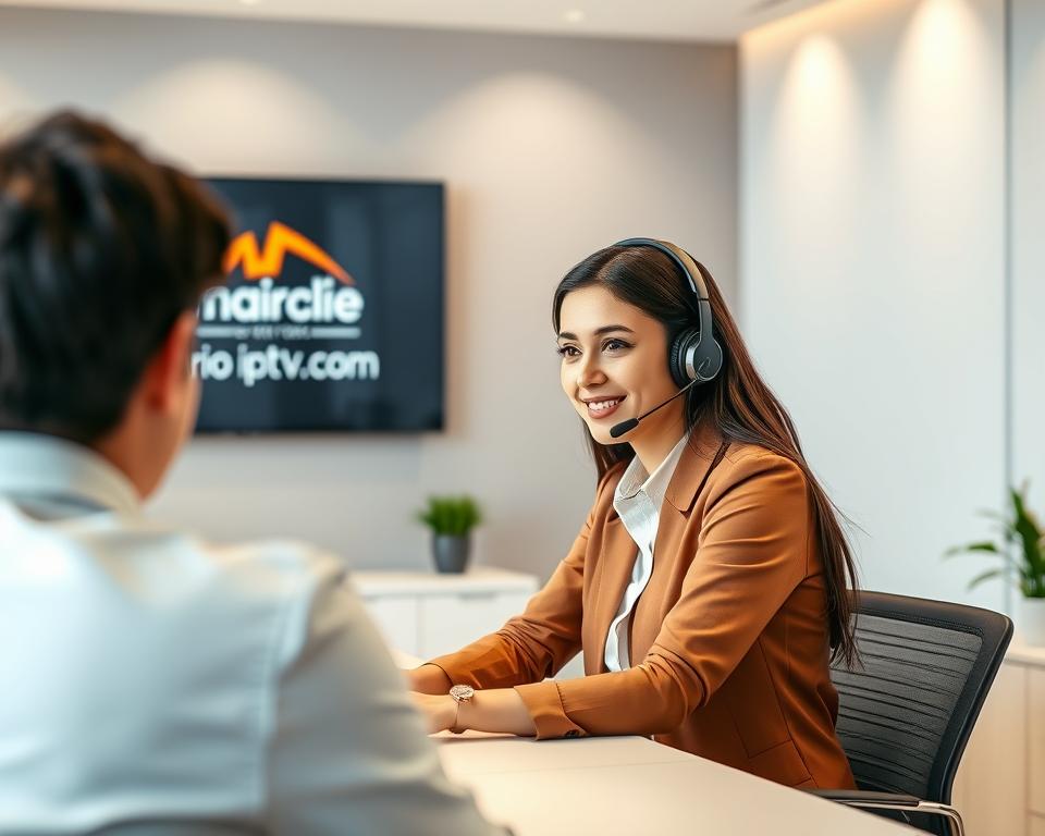 A customer service representative sitting at a desk in a modern, well-lit office, assisting a customer over the phone. The representative wears a headset and looks attentive, their expression conveying a sense of helpfulness and professionalism. In the background, the marioiptvfr.com logo is prominently displayed on a wall, indicating the company's IPTV service. The scene has a warm, welcoming atmosphere, with natural lighting and a minimal, clean design aesthetic. A customer service representative sitting at a desk in a modern, well-lit office, assisting a customer over the phone. The representative wears a headset and looks attentive, their expression conveying a sense of helpfulness and professionalism. In the background, the marioiptvfr.com logo is prominently displayed on a wall, indicating the company's IPTV service. The scene has a warm, welcoming atmosphere, with natural lighting and a minimal, clean design aesthetic.