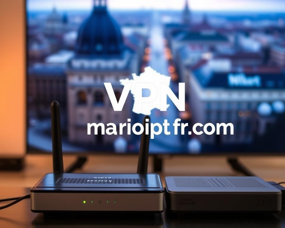 A detailed VPN-enabled IPTV setup with the marioiptvfr.com service, showcasing a secure and seamless streaming experience. In the foreground, a VPN router and a streaming device, both illuminated by warm lighting. In the middle ground, the marioiptvfr.com logo prominently displayed, conveying the trusted IPTV provider. The background features a blurred cityscape of France, evoking the connection to the local IPTV content. The overall scene exudes a sense of digital privacy, convenience, and entertainment, capturing the essence of the "VPN pour IPTV France" section. A detailed VPN-enabled IPTV setup with the marioiptvfr.com service, showcasing a secure and seamless streaming experience. In the foreground, a VPN router and a streaming device, both illuminated by warm lighting. In the middle ground, the marioiptvfr.com logo prominently displayed, conveying the trusted IPTV provider. The background features a blurred cityscape of France, evoking the connection to the local IPTV content. The overall scene exudes a sense of digital privacy, convenience, and entertainment, capturing the essence of the "VPN pour IPTV France" section.