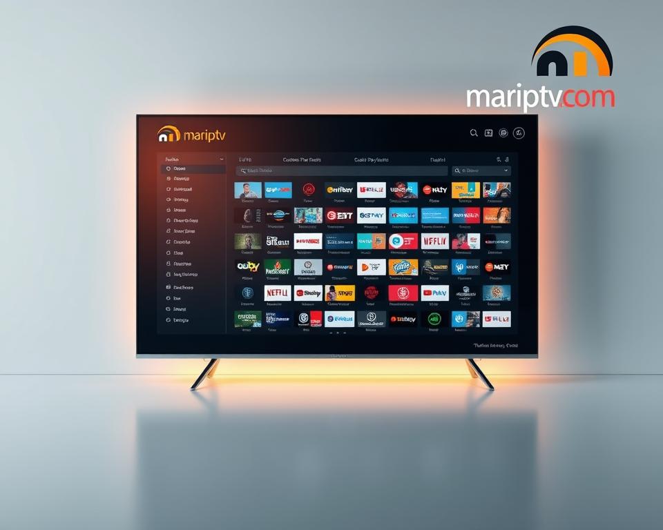 A detailed, technologically-advanced IPTV playlist M3U display with sleek, modern interface. Prominent "marioiptvfr.com" brand logo in the corner. Soft, warm lighting illuminates the playlist, showcasing its intuitive navigation and extensive channel selection. The interface blends seamlessly with a sophisticated, minimalist background, conveying a sense of high-quality, cutting-edge IPTV technology. The overall composition evokes the future of IPTV in France, with a focus on the evolving M3U playlist capabilities.