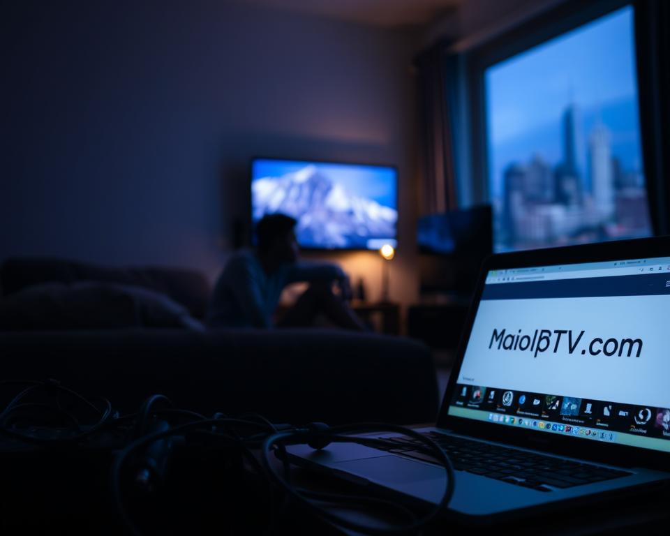 A dimly lit room, the glow of a television screen casting shadows on the wall. A person sits, frustrated, trying to troubleshoot their IPTV service. In the foreground, a laptop displays the marioiptvfr.com website, offering a potential solution. The middle ground shows a tangle of cables and devices, symbolizing the complexities of IPTV setup. In the background, a blurred cityscape, hinting at the broader context of the technology's impact. The image conveys the challenges and frustrations of IPTV, while also suggesting the potential for resolution through the service provider.