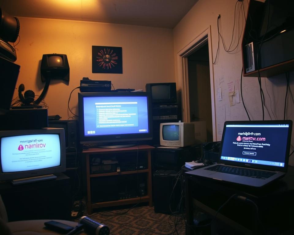 A dingy, cluttered apartment interior with a flickering TV screen displaying error messages and glitches. Stacks of outdated electronics and tangled wires clutter the space, creating a sense of frustration and technical difficulties. Dim, warm lighting casts an uneasy glow, while a laptop displays the marioiptvfr.com website, suggesting the user's struggle with IPTV problems in France. The overall atmosphere conveys the challenges and complexities of navigating the IPTV landscape, setting the stage for the "Problèmes IPTV France" section of the article.