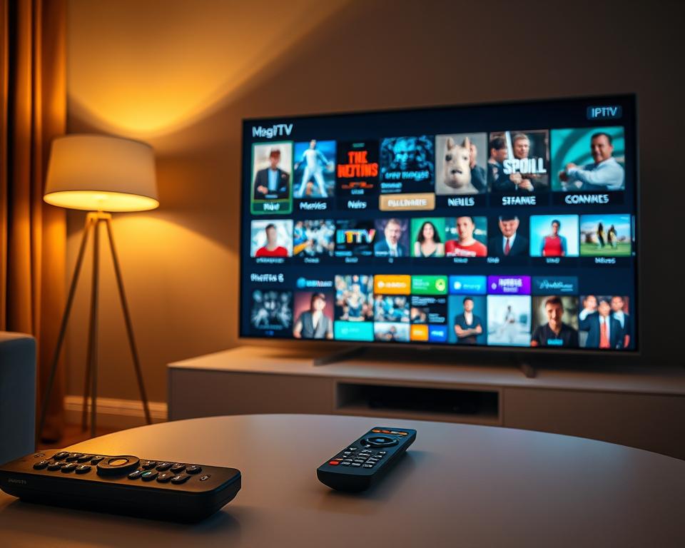 A diverse array of IPTV content options available in France, showcasing the vibrant and evolving landscape. A sleek, modern living room setting with a large flatscreen TV displaying a range of content categories - movies, sports, news, documentaries, and more. Warm, diffused lighting from a stylish floor lamp illuminates the scene, creating a cozy and inviting atmosphere. In the foreground, a stylish remote control, possibly with the marioiptvfr.com brand logo, rests on a minimalist coffee table, hinting at the ease of accessing this diverse IPTV ecosystem. The overall image conveys the idea of a sophisticated, technology-driven content experience tailored to the French market.