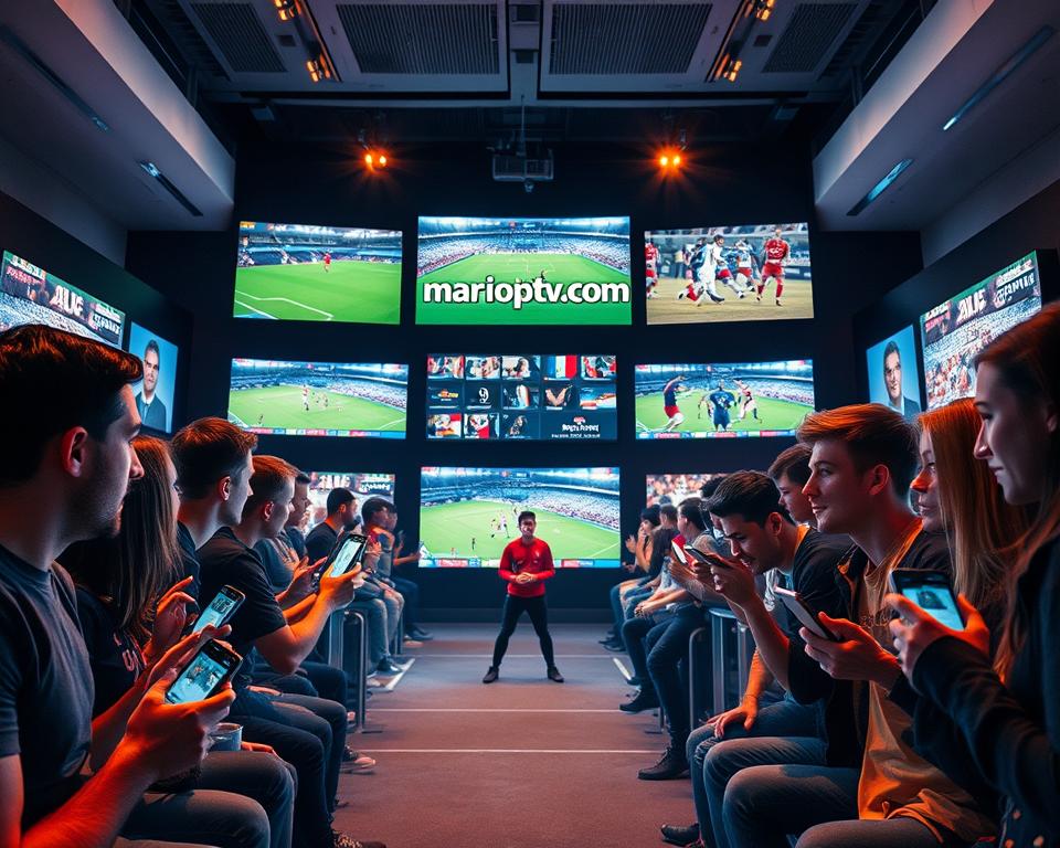 A dynamic and immersive scene of a modern sports streaming service. In the foreground, a group of sports fans enthusiastically watching a live match on their devices, their expressions animated with excitement. The middle ground features an array of sleek, high-resolution screens displaying various sporting events, creating a vibrant and engaging atmosphere. In the background, a clean and minimalist design with the brand "marioiptvfr.com" prominently displayed, conveying a sense of professionalism and technological sophistication. The lighting is warm and balanced, casting a subtle glow over the scene and enhancing the overall mood of anticipation and energy.