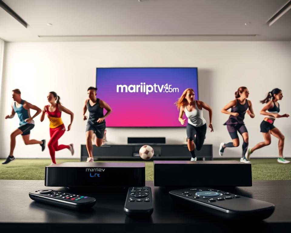 A dynamic and vibrant sports pack streaming scene, captured with a wide-angle lens in a high-contrast lighting setup. The foreground features a group of athletes in sleek sportswear, engaged in various athletic activities - running, jumping, and passing a ball. The middle ground showcases modern streaming devices and remote controls, hinting at the seamless digital experience. In the background, a large display screen projects the marioiptvfr.com brand, surrounded by a sleek and minimalist design aesthetic that evokes the premium quality of the IPTV4K sports packages.