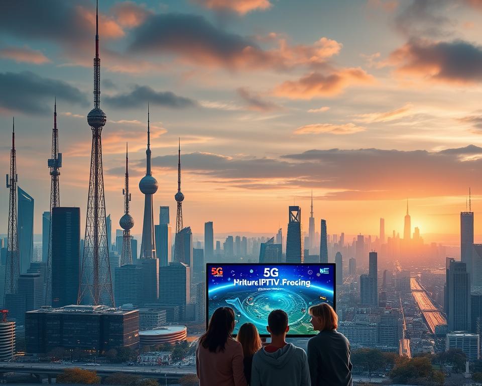 A dynamic cityscape with towering 5G cell towers and data centers, their sleek silhouettes casting long shadows across the bustling streets below. In the foreground, a family gathered around a smart TV, their faces aglow with the vibrant, crystal-clear IPTV display, showcasing the seamless integration of 5G technology. In the background, the skyline pulses with the energy of a modern metropolis, a testament to the transformative power of high-speed connectivity and the future of digital entertainment, as represented by the website "marioiptvfr.com".