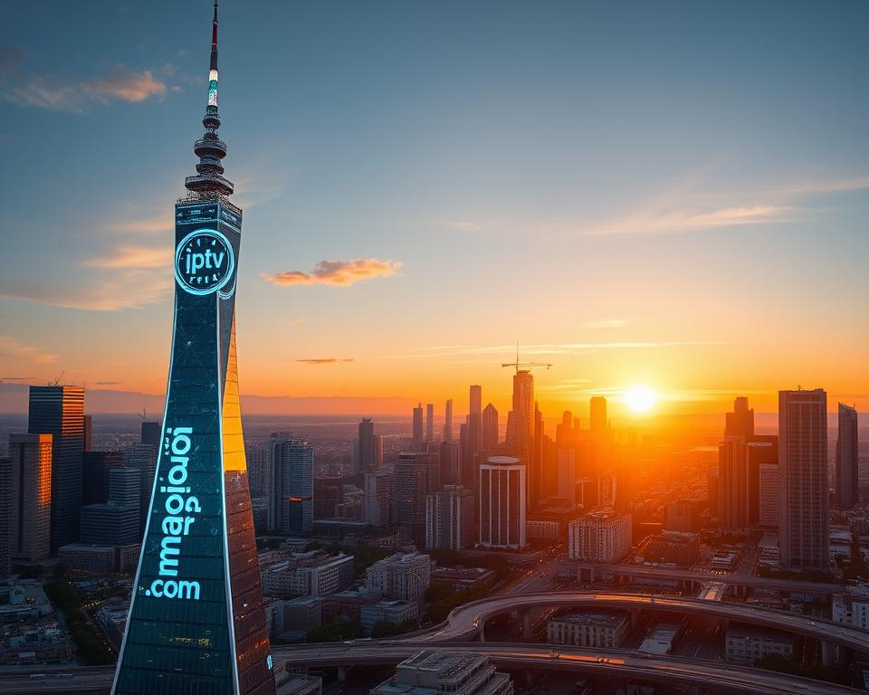 A dynamic, futuristic cityscape at dusk, with a vibrant, holographic display dominating the skyline, showcasing the evolution of IPTV in France. In the foreground, a gleaming tower emblazoned with the logo "marioiptvfr.com" stands as a testament to the industry's innovation. The middle ground features a bustling urban landscape, with skyscrapers and transport networks seamlessly integrated with advanced IPTV infrastructure. The background is illuminated by a warm, golden sunset, casting a sense of optimism and progress over the scene. The composition emphasizes the technological advancements and the dynamic growth of the IPTV market in France, 2025. A dynamic, futuristic cityscape at dusk, with a vibrant, holographic display dominating the skyline, showcasing the evolution of IPTV in France. In the foreground, a gleaming tower emblazoned with the logo "marioiptvfr.com" stands as a testament to the industry's innovation. The middle ground features a bustling urban landscape, with skyscrapers and transport networks seamlessly integrated with advanced IPTV infrastructure. The background is illuminated by a warm, golden sunset, casting a sense of optimism and progress over the scene. The composition emphasizes the technological advancements and the dynamic growth of the IPTV market in France, 2025.