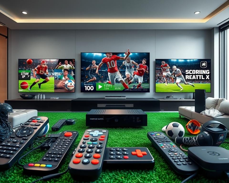 A dynamic, high-definition image showcasing a diverse array of sports streaming packages, centered around a prominent "marioiptvfr.com" brand. In the foreground, various remote controls, streaming devices, and sports equipment create a vibrant, technology-driven atmosphere. The middle ground features a collage of professional sports events, including football, basketball, and soccer, highlighting the breadth of content available. The background depicts a sleek, modern living room setting, with minimalist decor and large, high-resolution displays, conveying a premium, immersive viewing experience. The overall scene exudes a sense of excitement, convenience, and cutting-edge innovation in the world of sports streaming.