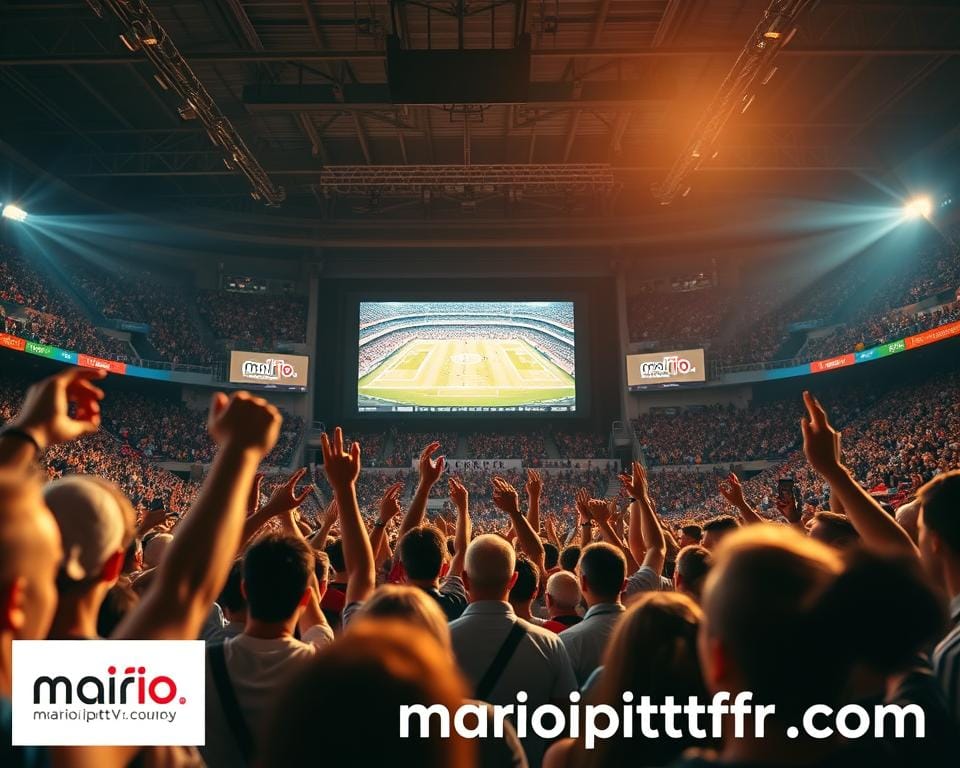A dynamic sports arena with a captivating IPTV display showcasing a thrilling match, bathed in warm, cinematic lighting. The foreground features fans cheering passionately, their expressions conveying the excitement of the moment. In the middle ground, a large IPTV screen displays the game, its crisp, high-definition visuals drawing the viewer's attention. The background is filled with the energy and atmosphere of the venue, with subtle hints of the marioiptvfr.com brand integrated seamlessly into the scene.