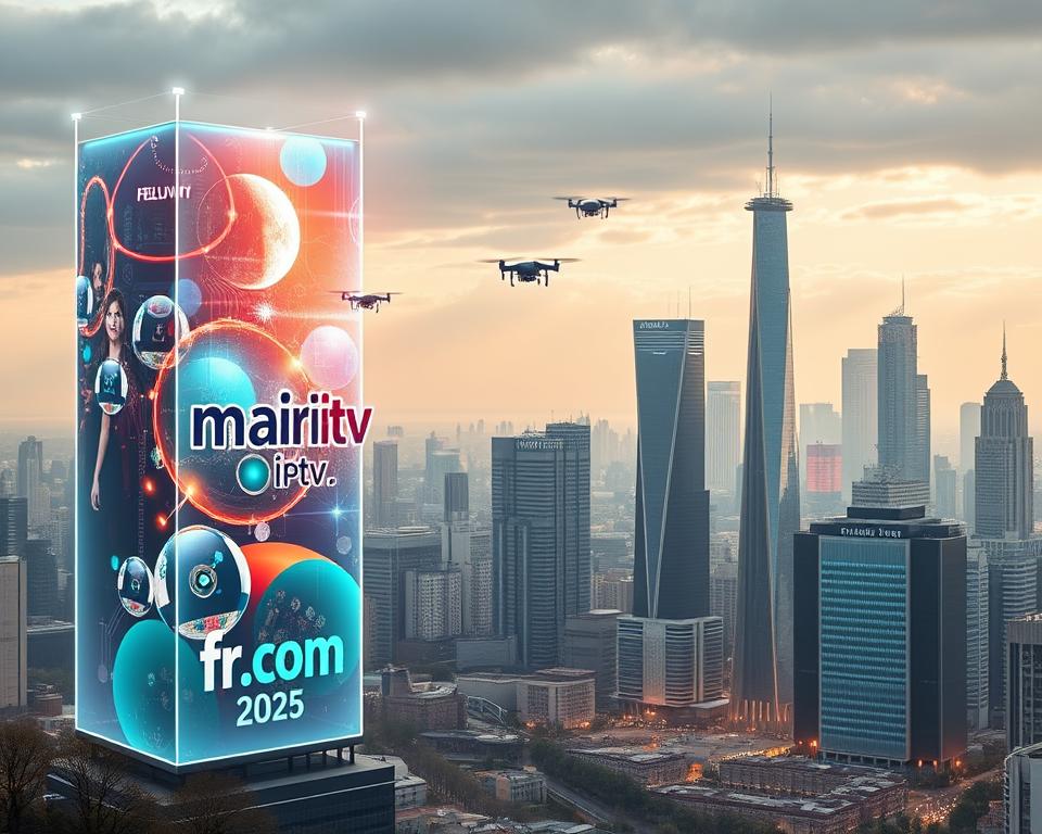 A futuristic cityscape in France, 2025, showcasing the cutting-edge IPTV trends dominating the landscape. In the foreground, a towering holographic display projects vibrant, high-definition content, emblazoned with the brand "marioiptvfr.com". The middle ground features sleek, automated delivery drones zipping between skyscrapers, while the background boasts a skyline of advanced, energy-efficient buildings. Soft, warm lighting bathes the scene, creating a sense of technological progress and innovation. The image conveys the evolution of the French IPTV market, poised to captivate and transform the viewing experience in the years to come.