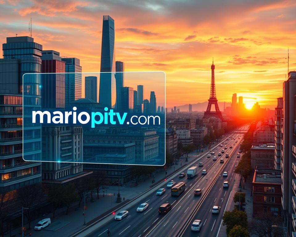 A futuristic cityscape of Paris in 2025, showcasing the evolution of IPTV. In the foreground, a sleek, holographic display effortlessly streams content, the "marioiptvfr.com" brand prominently featured. The midground captures a bustling urban landscape, with skyscrapers and autonomous vehicles converging. In the background, a vibrant sunset paints the sky, hinting at the technological advancements that have transformed the French capital. The scene radiates a sense of innovation, connectivity, and the seamless integration of IPTV into the fabric of everyday life.