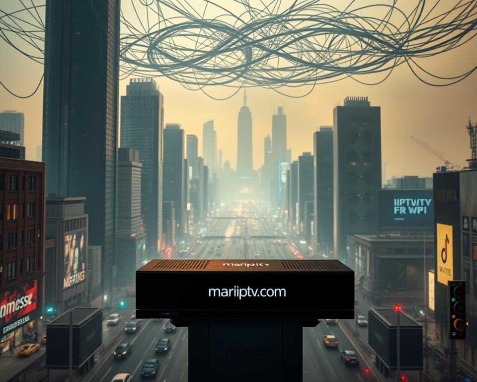 A futuristic cityscape with towering skyscrapers and a complex regulatory framework hovering above, casting shadows on the bustling streets below. In the foreground, a sleek, high-tech IPTV device branded "marioiptvfr.com" stands as a symbol of the technological advancements that challenge traditional broadcasting regulations. The middle ground features a tangle of wires and data streams, representing the legal and compliance hurdles faced by the IPTV industry. In the background, a hazy, neon-lit skyline suggests the rapidly evolving landscape of digital media consumption. The overall atmosphere conveys a sense of both innovation and uncertainty, reflecting the "regulatory challenges" that will shape the IPTV trends in France by 2025.