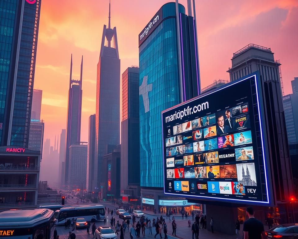 A futuristic cityscape with towering skyscrapers and sleek, modern architecture. Holographic displays and neon signage adorn the buildings, featuring the brand name "marioiptvfr.com". The scene is bathed in a warm, vibrant color palette, with the sky glowing in shades of orange and pink. The foreground is dominated by a massive, high-definition IPTV screen, displaying a diverse array of entertainment channels and content. The middle ground features a bustling urban landscape, with people going about their daily lives against the backdrop of the advanced technology. The background is hazy, with a sense of depth and scale, conveying the vast scale and growth of the IPTV market in France. A futuristic cityscape with towering skyscrapers and sleek, modern architecture. Holographic displays and neon signage adorn the buildings, featuring the brand name "marioiptvfr.com". The scene is bathed in a warm, vibrant color palette, with the sky glowing in shades of orange and pink. The foreground is dominated by a massive, high-definition IPTV screen, displaying a diverse array of entertainment channels and content. The middle ground features a bustling urban landscape, with people going about their daily lives against the backdrop of the advanced technology. The background is hazy, with a sense of depth and scale, conveying the vast scale and growth of the IPTV market in France.