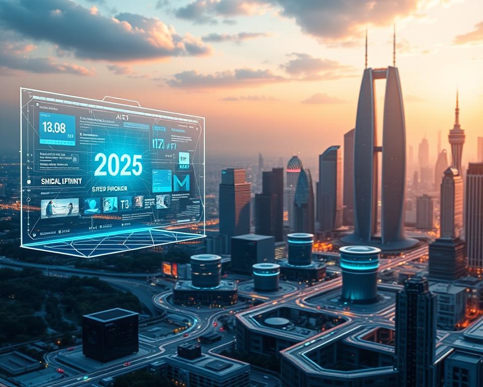 A futuristic landscape of advanced IPTV technology, showcasing the evolution of the marioiptvfr.com platform. In the foreground, a sleek, holographic interface hovers, displaying real-time data and personalized content recommendations. The middle ground features a network of interconnected devices, seamlessly streaming high-definition content to a variety of screens. In the background, a cityscape of gleaming skyscrapers and futuristic architecture, illuminated by a warm, ambient glow, symbolizing the integration of IPTV into the smart city of 2025. The scene conveys a sense of innovation, connectivity, and the transformative potential of IPTV in the years to come.