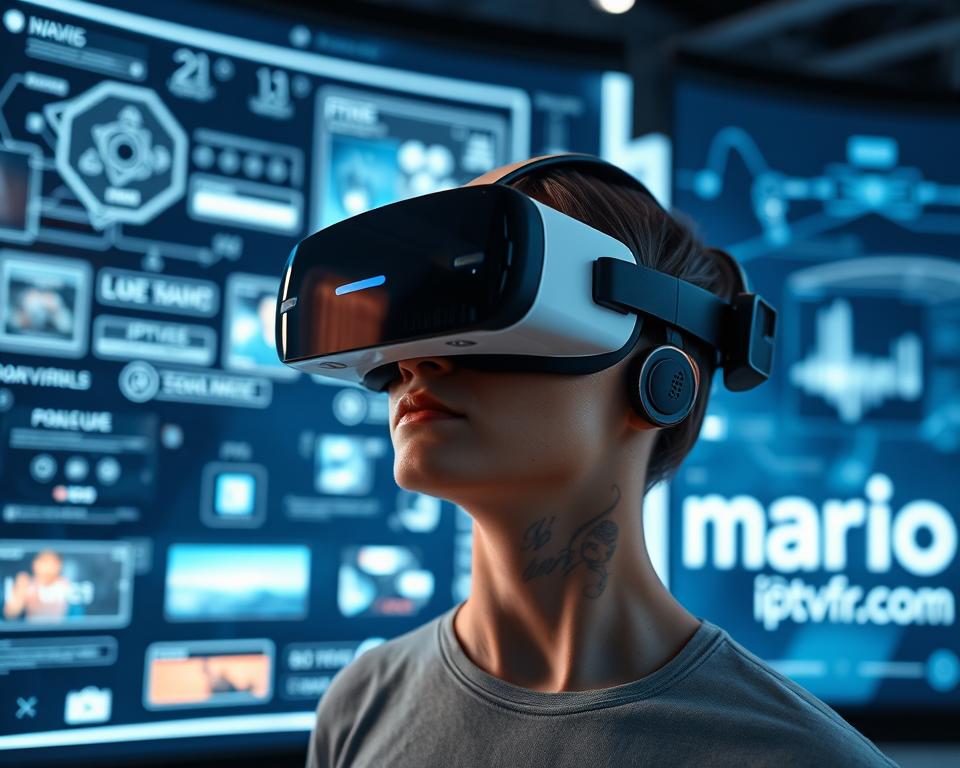 A futuristic virtual reality IPTV system with a clean, modern interface. In the foreground, a user wearing a sleek VR headset, immersed in a rich, interactive digital world. The middle ground features holographic displays, floating UI elements, and seamless integration of augmented reality content. In the background, a glimpse of the marioiptvfr.com branding, hinting at the cutting-edge IPTV technology powering this immersive experience. Soft, diffused lighting and a sense of depth create a sense of depth and atmosphere, showcasing the future of IPTV in France.