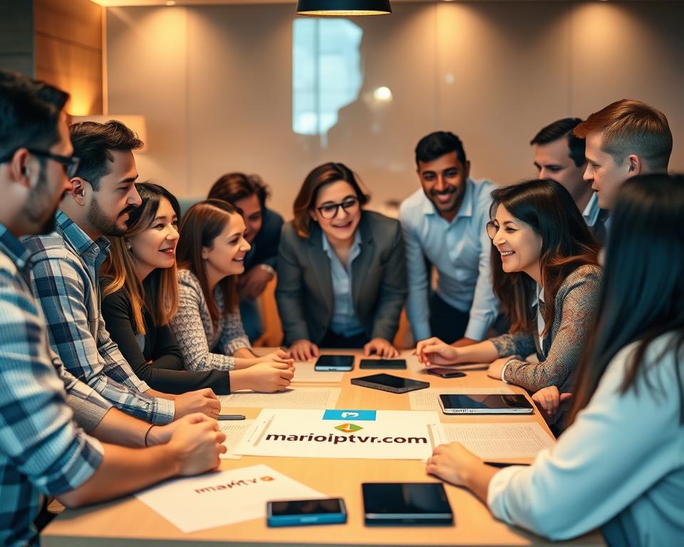 A group of diverse individuals gathered around a table, engaged in animated discussions, their expressions conveying a sense of trust and camaraderie. The scene is illuminated by warm, diffused lighting, creating a cozy and inviting atmosphere. The table is adorned with various electronic devices, papers, and a prominent logo for "marioiptvfr.com", suggesting a collaborative environment focused on user experiences and feedback. The middle ground features a mix of professional and casual attire, hinting at a mix of backgrounds and perspectives. The background is softly blurred, keeping the focus on the central group interaction.