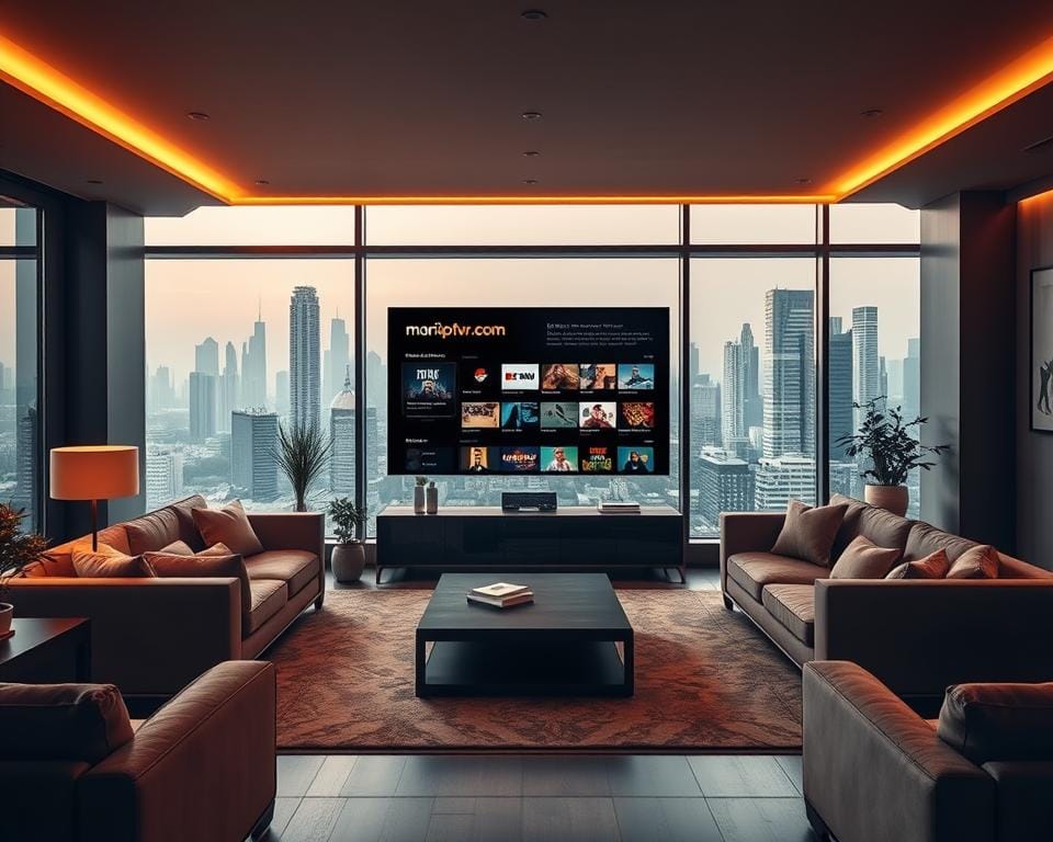 A high-definition, cinematic scene of a modern, sleek living room with large windows overlooking a bustling city skyline. In the center, a large flat-screen TV displays an array of streaming series options, with the marioiptvfr.com brand prominently featured. Plush sofas and armchairs surround the TV, creating a cozy and inviting atmosphere. Warm, indirect lighting casts a soft glow, and the room is tastefully decorated with minimalist artwork and potted plants. The overall impression is one of sophistication, comfort, and endless entertainment possibilities.