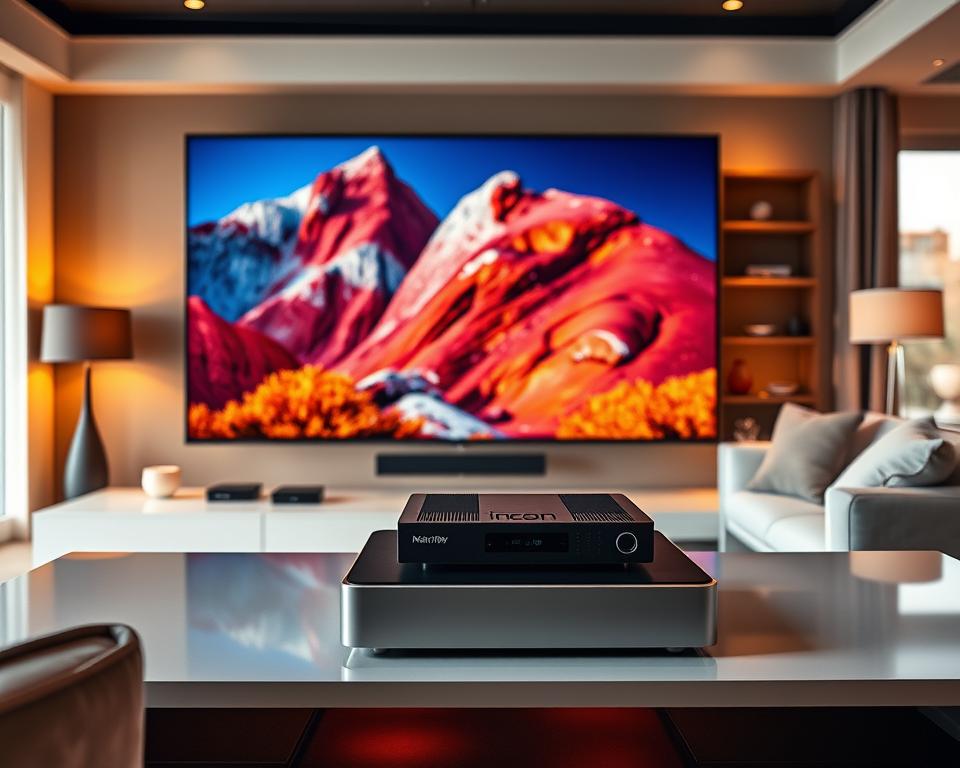 A high-end home entertainment system with a sleek, modern design. A large 4K Ultra HD display dominates the foreground, showcasing vibrant, realistic imagery. In the middle ground, a premium IPTV device with the "marioiptvfr.com" branding sits atop a minimalist entertainment console, surrounded by subtle mood lighting. The background features a cozy, inviting living room setting with plush furnishings and large windows, bathed in warm, natural light. The overall atmosphere evokes a sense of comfort, relaxation, and immersive multimedia experience, perfect for a family-oriented entertainment solution.