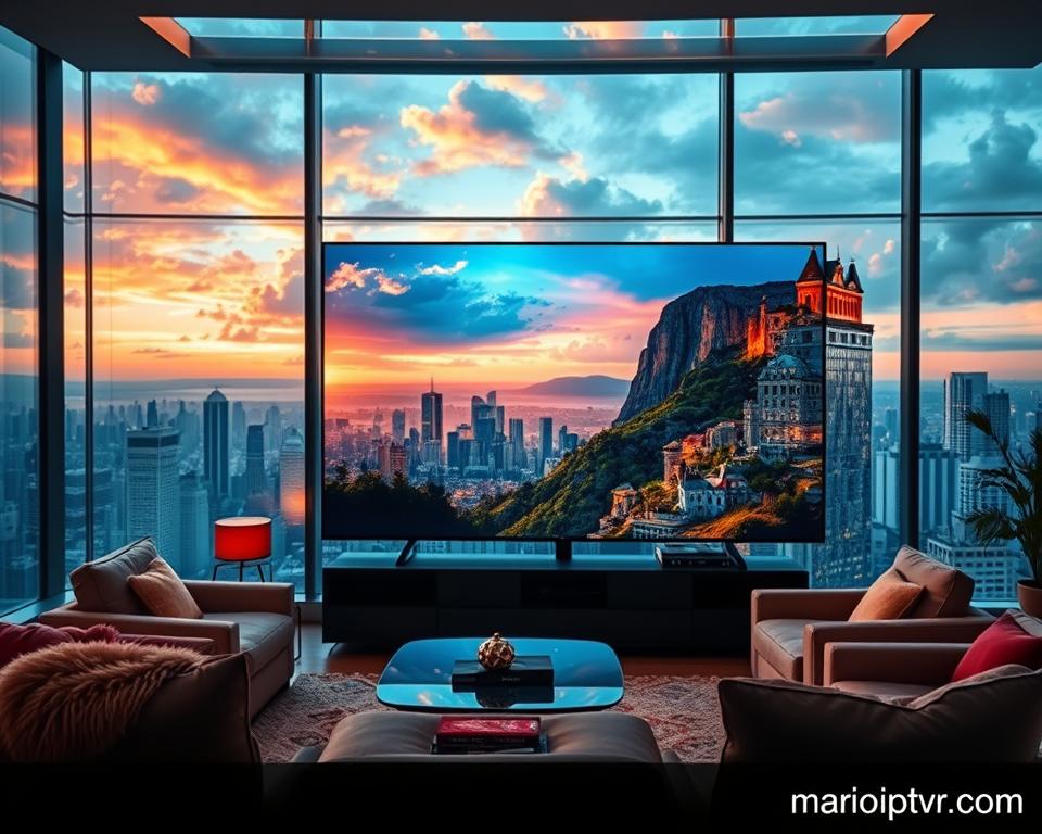 A high-quality IPTV image showcasing a vibrant, cinematic display. In the foreground, a sleek, modern television set displays a captivating landscape with rich colors and intricate details. The middle ground features a cozy living room setting, with plush furniture and warm lighting creating a comfortable atmosphere. In the background, a panoramic window reveals a bustling city skyline, hinting at the boundless entertainment possibilities of IPTV. The overall scene conveys a sense of immersion and technological sophistication, reflecting the revolutionary advancements in image quality. marioiptvfr.com
