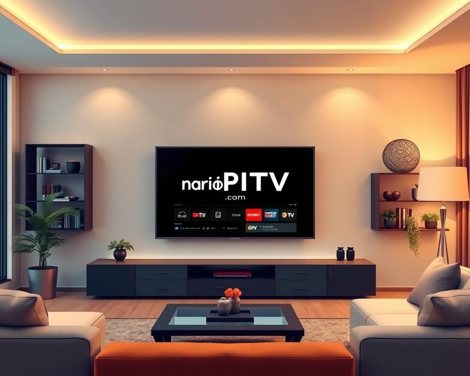 A high-quality, detailed illustration of the "Tendances IPTV France" brand, depicting a sleek, modern IPTV service platform with a clean, minimalist user interface. The scene showcases a large, high-definition television screen displaying the marioiptvfr.com logo and interface, surrounded by a contemporary living room setting with comfortable furniture, warm lighting, and a sense of sophistication. The image should convey the cutting-edge technology and premium quality of the IPTV service, resonating with the "Les Tendances IPTV France pour 2025 : analyse complète" section title.
