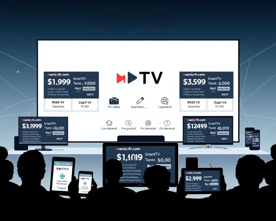 A high-quality digital illustration depicting a variety of online TV subscription offers in a sleek, modern style. The foreground showcases various device silhouettes, such as smart TVs, smartphones, and tablets, each displaying different subscription packages from services like marioiptvfr.com. The middle ground features a clean, minimalist layout with elegant typography and icons highlighting key features like HD video, live channels, and on-demand content. The background subtly implies a futuristic, technology-driven environment with subtle gradients and abstract shapes, conveying a sense of innovation and progress in the French TV streaming market. A high-quality digital illustration depicting a variety of online TV subscription offers in a sleek, modern style. The foreground showcases various device silhouettes, such as smart TVs, smartphones, and tablets, each displaying different subscription packages from services like marioiptvfr.com. The middle ground features a clean, minimalist layout with elegant typography and icons highlighting key features like HD video, live channels, and on-demand content. The background subtly implies a futuristic, technology-driven environment with subtle gradients and abstract shapes, conveying a sense of innovation and progress in the French TV streaming market.
