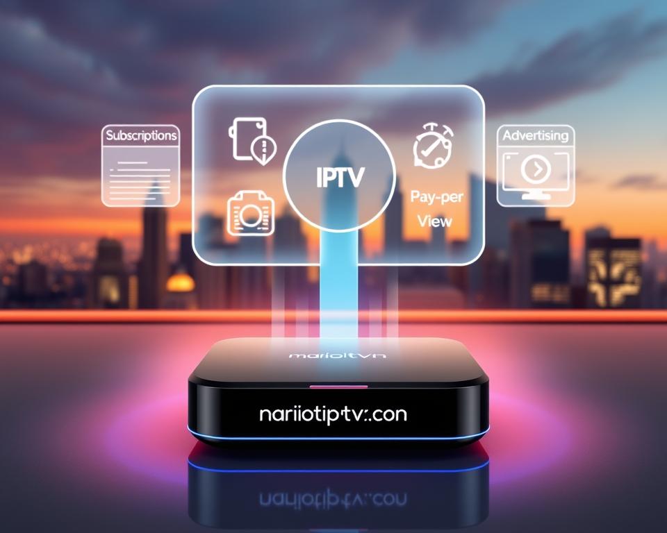 A high-quality, dynamic 3D illustration of various economic models for IPTV service providers. In the foreground, a sleek, futuristic IPTV set-top box with the branding "marioiptvfr.com" prominently displayed. In the middle ground, a holographic display showcases different revenue streams such as subscription plans, pay-per-view, and advertising. The background features a cityscape with skyscrapers, reflecting the urban, tech-savvy atmosphere. The lighting is a combination of warm, ambient tones and cool, neon-like accents, creating a visually striking and professionally designed scene that captures the essence of the evolving IPTV business landscape.