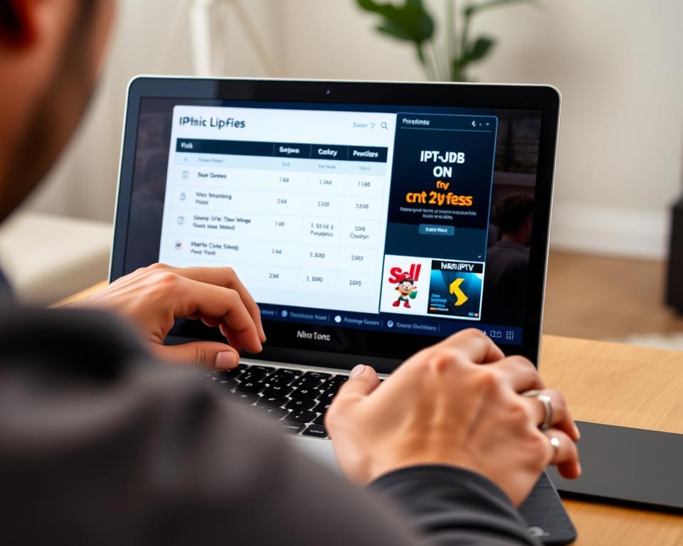 A high-quality image of a person carefully evaluating different IPTV service providers on a laptop screen, showcasing the marioiptvfr.com brand. The foreground features the person's hands navigating the laptop, with a focused expression on their face. The middle ground displays the laptop screen, highlighting the IPTV service options and comparison details. The background subtly suggests a home or office setting, with neutral tones and minimal distractions to keep the focus on the decision-making process. The lighting is soft and natural, creating a calm and thoughtful atmosphere. The angle is slightly elevated, giving a sense of the user's perspective as they make an informed choice about their IPTV provider.