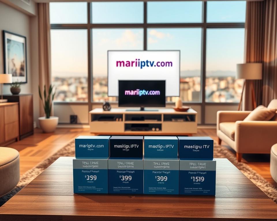 A high-quality, realistic image of a stylish living room with a modern TV stand displaying the "marioiptvfr.com" brand logo. The room has a warm, inviting atmosphere with soft lighting, natural wood accents, and plush furnishings. In the foreground, a coffee table showcases various IPTV subscription packages and pricing details, neatly organized. The middle ground features a comfortable sofa and armchair, creating a cozy viewing experience. The background depicts a large window overlooking a picturesque French cityscape, hinting at the legal IPTV service's availability in France. The overall composition conveys a sense of sophistication, accessibility, and the transformative potential of IPTV technology in the French market.