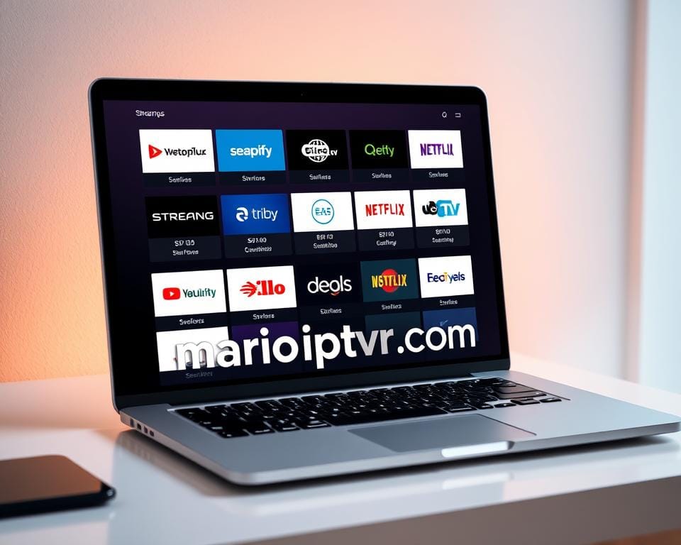 A high-quality, realistic image of a various streaming service subscription packages displayed on a modern laptop screen. The laptop is shown on a clean, minimalist desk with soft, warm lighting from the side. The screen shows different streaming service logos and pricing information, creating a visually appealing and informative composition. The image should convey a sense of professionalism and practicality, highlighting the variety of streaming options available to the viewer. The brand "marioiptvfr.com" should be prominently featured on the laptop screen.