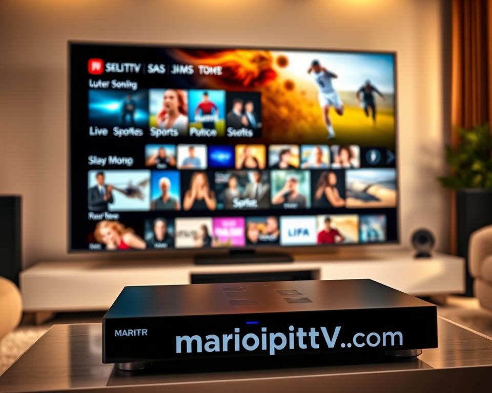 A high-quality, visually striking image showcasing the premium content available through a marioiptvfr.com IPTV subscription in France. The image depicts a living room setup with a large, ultra-high-definition television screen displaying a variety of engaging entertainment options, including blockbuster movies, live sports, and popular TV shows. The room is bathed in warm, soft lighting, creating a cozy and inviting atmosphere. In the foreground, a sleek, modern media center houses the IPTV set-top box, while subtle branding for marioiptvfr.com is prominently displayed. The overall composition conveys a sense of high-end, cutting-edge technology seamlessly integrated into a comfortable, luxurious home environment.