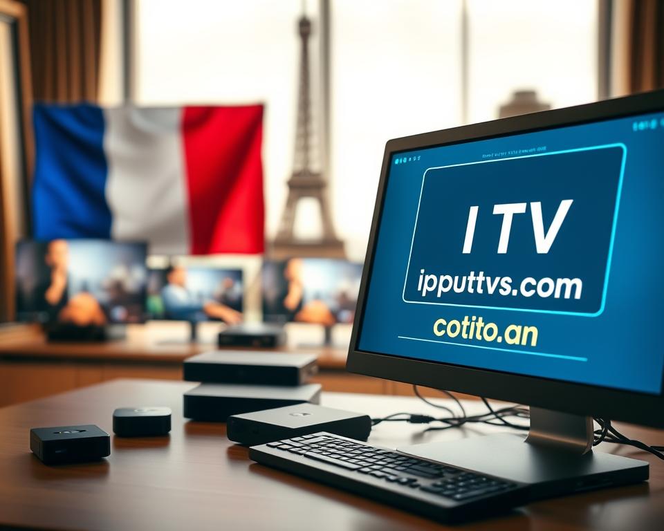 A high-resolution, photorealistic image of a virtual private network (VPN) service for IPTV in France. The scene depicts a desktop computer with a VPN user interface in the foreground, displaying the marioiptvfr.com brand name. In the middle ground, various IPTV streaming devices such as smart TVs and set-top boxes are connected to the VPN. The background showcases the French flag and the Eiffel Tower, symbolizing the context of IPTV usage in France. The lighting is warm and natural, creating a professional and trustworthy atmosphere. The composition is balanced, with a focus on the VPN as the central element.