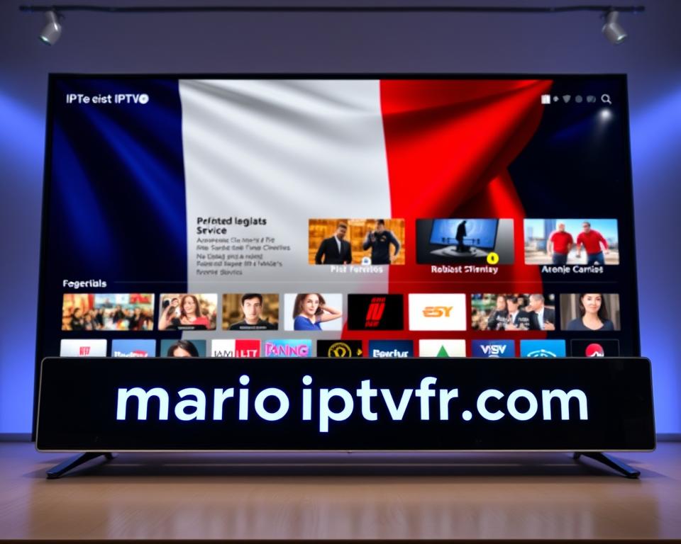 A high-security IPTV system in France, showcasing a sleek and modern interface with encrypted channels, robust anti-piracy measures, and seamless compatibility across multiple devices. The foreground features the "marioiptvfr.com" brand name prominently displayed, while the middle ground depicts various IPTV content icons and user-friendly navigation tools. The background showcases the French national flag, symbolizing the service's dedication to the local market, with a subtle, elegant lighting scheme that emanates a sense of trustworthiness and professionalism.