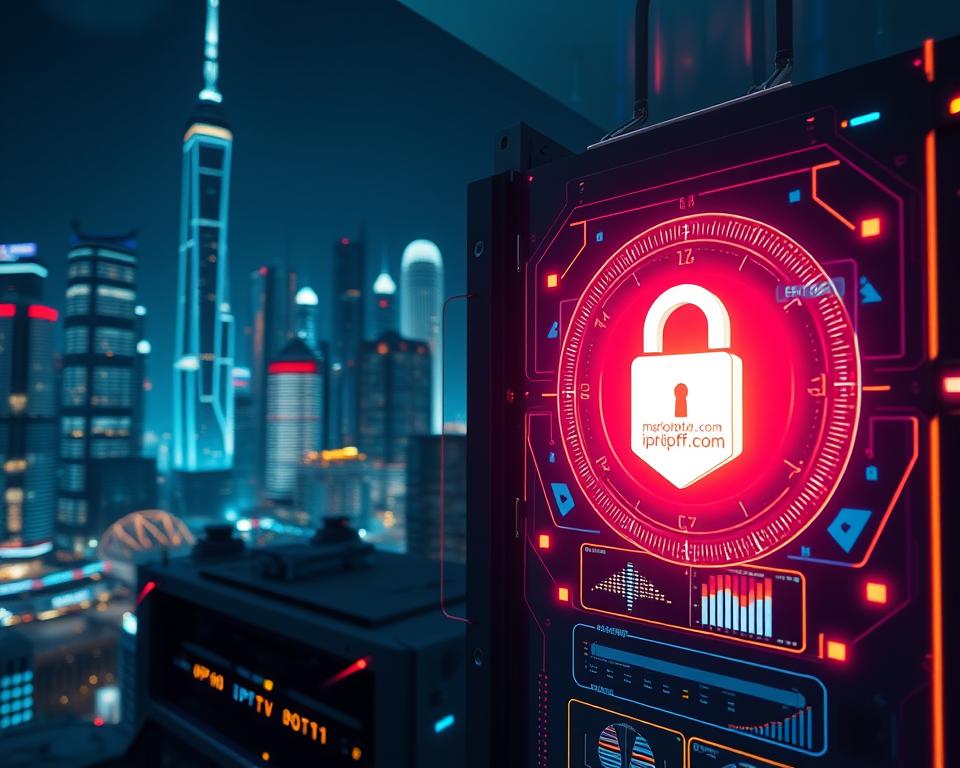 A high-tech cityscape at night, neon-lit skyscrapers and holographic displays in the background. In the foreground, a server rack with blinking lights, surrounded by a glowing, futuristic security interface. The interface displays the brand name "marioiptvfr.com" and security analytics related to IPTV data protection. The scene conveys a sense of advanced, secure digital infrastructure safeguarding sensitive information.