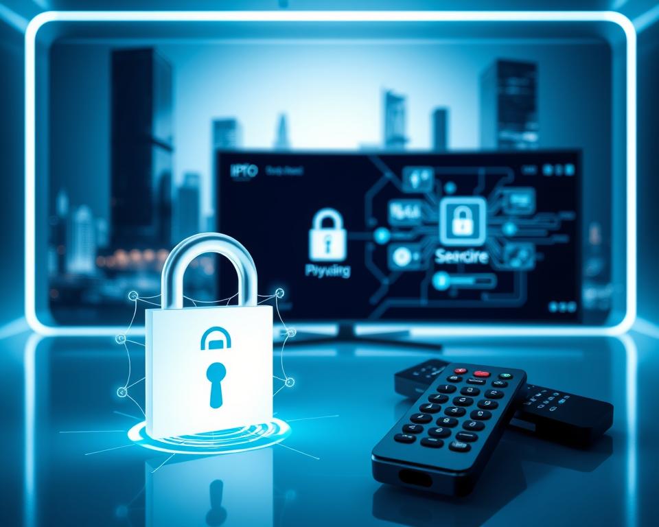 A high-tech security system with sleek IPTV interfaces, showcasing the marioiptvfr.com brand. Soft blue and white tones create a serene, trustworthy atmosphere. In the foreground, a stylized lock icon and network diagram suggest robust encryption and privacy safeguards. The middle ground features an IPTV remote control and a secure login screen. In the background, a futuristic cityscape with glowing skyscrapers conveys a sense of modernity and reliable infrastructure. Dramatic lighting from the side casts dramatic shadows, emphasizing the sophisticated technology. An overall feeling of digital safety and protection for IPTV users in France.