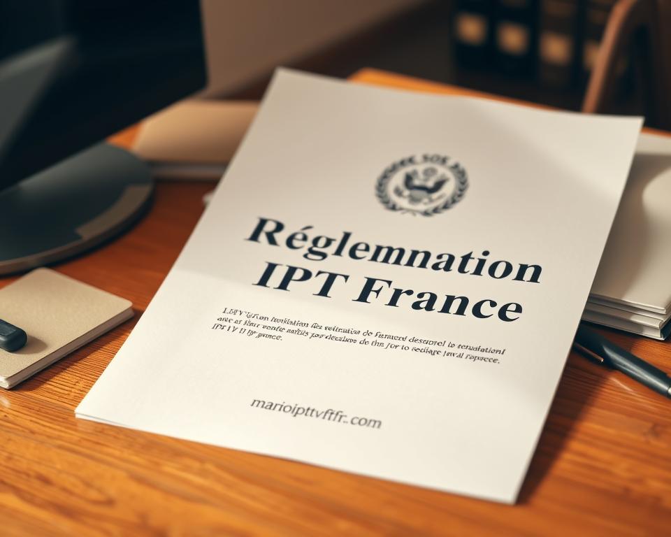 A highly detailed, photorealistic image of a legal document titled "Réglementation IPTV France" resting on a wooden desk. The document features an official government seal and prominently displays the text "marioiptvfr.com" at the bottom. The lighting is warm and natural, creating a serious, authoritative atmosphere. The foreground is in sharp focus, while the background is softly blurred, drawing the viewer's attention to the central document. The overall composition conveys a sense of official policy and regulation surrounding the IPTV market in France.