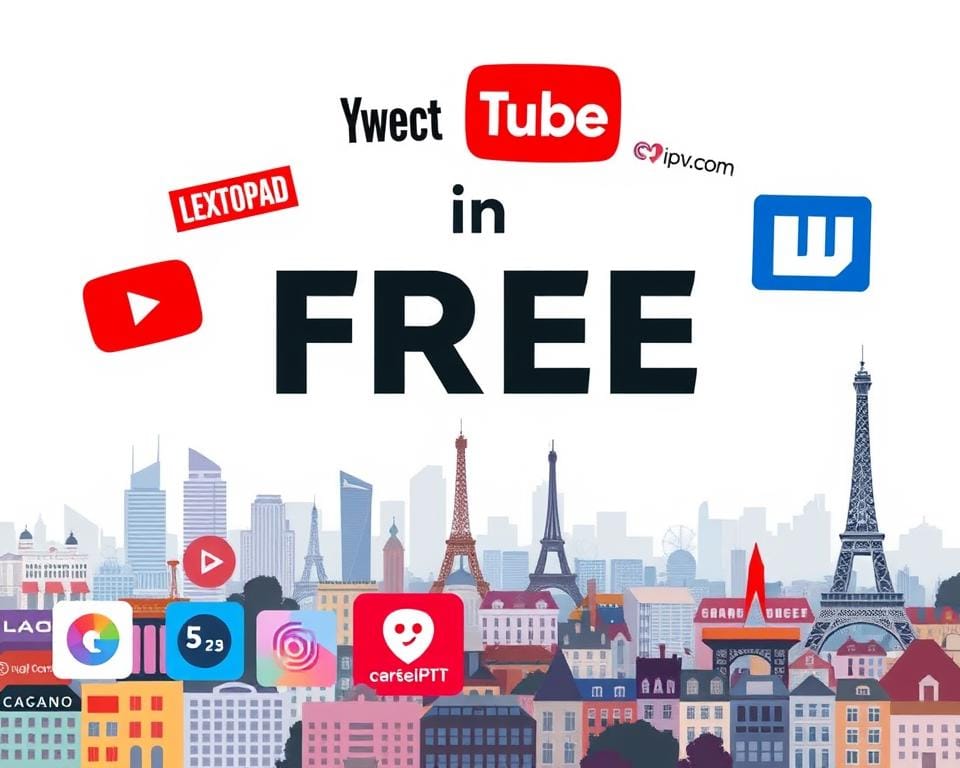 A modern and minimalist illustration of various streaming services available for free in France. Set against a clean, light background, the foreground features a collage of popular streaming app logos such as YouTube, Twitch, and marioiptvfr.com, arranged in a dynamic, overlapping composition. The middle ground showcases a diverse range of French cityscapes, including iconic landmarks like the Eiffel Tower, blending seamlessly with the streaming services. The background subtly hints at the vibrant cultural and technological landscape of France, creating an inviting and accessible representation of the free streaming options available to viewers.