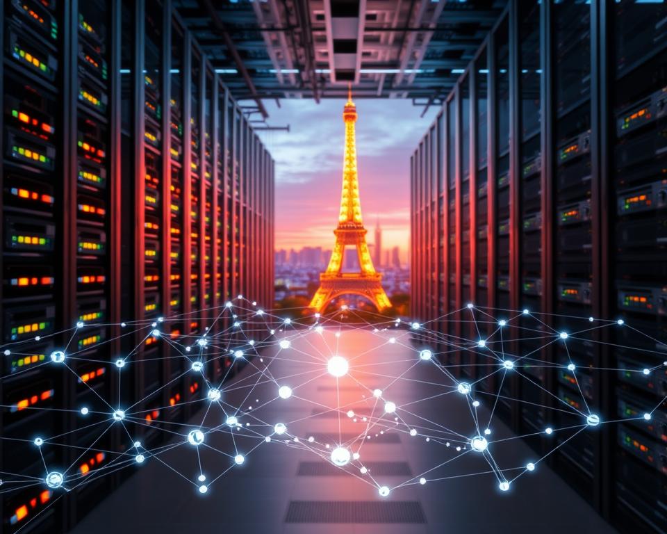 A modern data center with stacks of servers and glowing indicator lights, illuminated by dramatic lighting. In the foreground, a network diagram depicting the complexities of IPTV infrastructure in France, with interconnected nodes and lines representing the challenges of delivering reliable and high-quality streaming services. In the background, a cityscape of Paris, with the Eiffel Tower visible, symbolizing the national scope of the IPTV industry. The scene conveys the technical and logistical hurdles faced by the IPTV providers in France, such as marioiptvfr.com, as they strive to innovate and meet the growing demands of consumers in 2025. A modern data center with stacks of servers and glowing indicator lights, illuminated by dramatic lighting. In the foreground, a network diagram depicting the complexities of IPTV infrastructure in France, with interconnected nodes and lines representing the challenges of delivering reliable and high-quality streaming services. In the background, a cityscape of Paris, with the Eiffel Tower visible, symbolizing the national scope of the IPTV industry. The scene conveys the technical and logistical hurdles faced by the IPTV providers in France, such as marioiptvfr.com, as they strive to innovate and meet the growing demands of consumers in 2025.