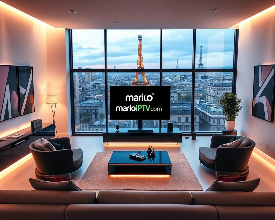 A modern, high-tech French living room with a sleek, minimalist design. In the center, a large, flat-screen TV displays the marioiptvfr.com logo, surrounded by a sophisticated home entertainment system. The room is bathed in a warm, ambient lighting, creating a cozy and inviting atmosphere. The walls are adorned with modern art pieces, complementing the clean, contemporary aesthetic. Large windows offer a panoramic view of the Parisian skyline, hinting at the cutting-edge technology and services available through IPTV in France. The overall scene conveys a sense of progress, innovation, and the integration of advanced entertainment solutions into the everyday French lifestyle.