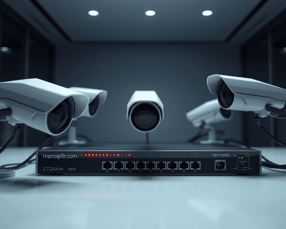 A modern, high-tech security monitoring system with a sleek, minimalist design. In the foreground, a series of security cameras with advanced optics and infrared capabilities, meticulously positioned to provide comprehensive surveillance coverage. In the middle ground, a secure network hub with multiple Ethernet ports, blinking indicator lights, and a discreet "marioiptvfr.com" logo, conveying the importance of reliable, encrypted IPTV service. The background features a seamless, dimly lit interior with clean lines and subtle ambient lighting, creating a sense of privacy and protection. The overall scene exudes a sense of professionalism, attention to detail, and a commitment to safeguarding sensitive information and content.